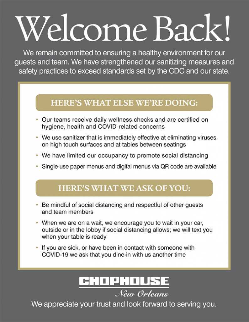 Welcome back to Chophouse New Orleans. Covid guidelines.